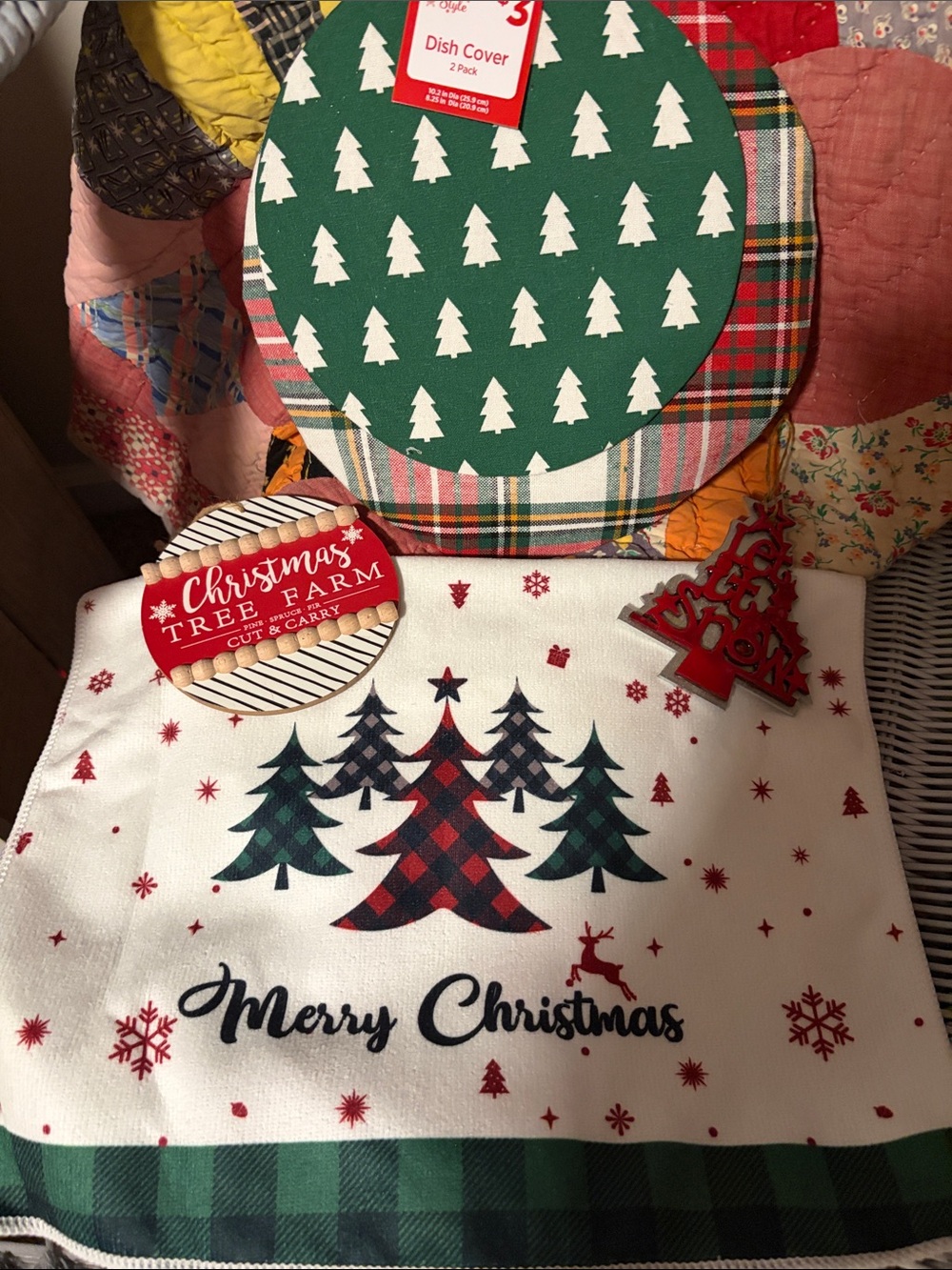 Merry Christmas Tree Farm Cotton Holiday Kitchen Towel - Red & Green gift set